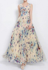 Beige Butterfly Print Sleeveless Bohemian Chiffon Maxi Dress
