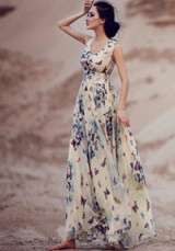 Beige Butterfly Print Sleeveless Bohemian Chiffon Maxi Dress