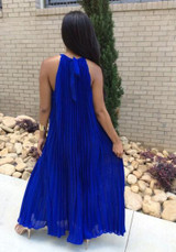 Royal Blue Pleated Tie Back Sleeveless Halter Neck A-line Bohemian Maxi Dress