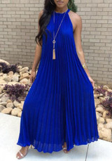Royal Blue Pleated Tie Back Sleeveless Halter Neck A-line Bohemian Maxi Dress