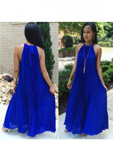 Royal Blue Pleated Tie Back Sleeveless Halter Neck A-line Bohemian Maxi Dress