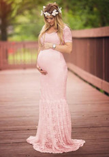 Pink Lace Ruffle Off Shoulder Boat Neck Elegant Mermaid Maternity Maxi Dress