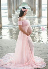 Pink Bandeau Draped Backless Front Slit Off Shoulder Maternity Maxi Dress