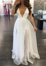 White Grenadine Double Slit Spaghetti Strap Cross Back Party Maxi Dress
