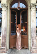 Rose Gold Draped Sequin Backless Spaghetti Strap Deep V-neck Bridesmaid Party Maxi Dress