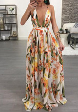 White Draped Spaghetti Strap Deep V-neck Flowy Vegas Bohemian Elegant Party Maxi Dress