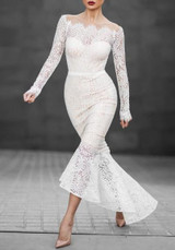 White Off Shoulder Mermaid Bridesmaid Wedding Gowns Prom Evening Party Lace Maxi Dress