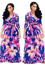 Blue Flowers Print Sashes Cleavage Half Sleeve A-line Plus Size Maxi Dress