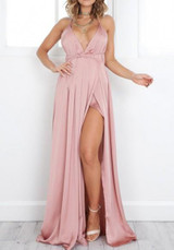 Pink Plain Condole Belt Side Slit Maxi Dress