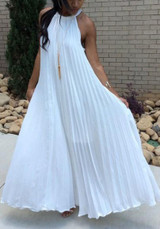 White Pleated Tie Back Sleeveless Halter Neck A-line Bohemian Maxi Dress