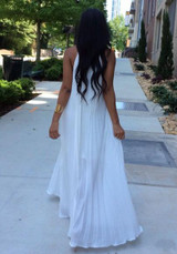 White Pleated Tie Back Sleeveless Halter Neck A-line Bohemian Maxi Dress