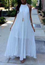 White Pleated Tie Back Sleeveless Halter Neck A-line Bohemian Maxi Dress