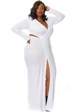 White Plain Cut Out Site Slit Plus Size Plunging Neckline Maxi Dress