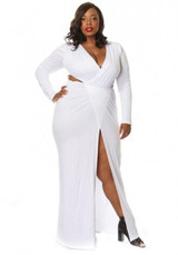 White Plain Cut Out Site Slit Plus Size Plunging Neckline Maxi Dress