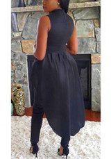 Black Buttons Ruffle Swallowtail Peplum High-low Band Collar Party Maxi Dress