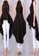 Black Buttons Ruffle Swallowtail Peplum High-low Band Collar Party Maxi Dress