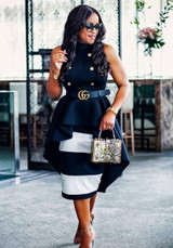 Black Buttons Ruffle Swallowtail Peplum High-low Band Collar Party Maxi Dress