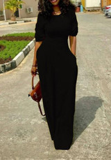 Black Draped Pockets Round Neck Elbow Sleeve Maxi Dress