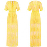 Yellow Lace Side Slit Deep V-neck Flowy Vegas Bohemian Beach Maxi Dress