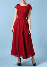 Red Patchwork Lace Draped Short Sleeve Elegant Chiffon Maxi Dress
