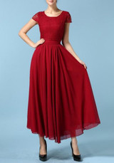 Red Patchwork Lace Draped Short Sleeve Elegant Chiffon Maxi Dress