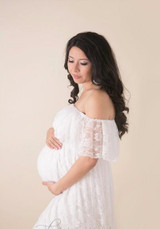 White Lace Bandeau Pleated Boat Neck Off Shoulder Floor Length Maternity Maxi Dress