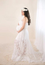 White Lace Bandeau Pleated Boat Neck Off Shoulder Floor Length Maternity Maxi Dress