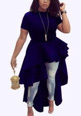 Blue Zipper Ruffle Swallowtail Irregular High-low Short Sleeve Round Neck Party Maxi Dress