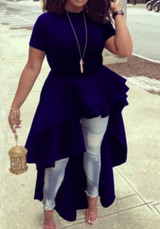 Blue Zipper Ruffle Swallowtail Irregular High-low Short Sleeve Round Neck Party Maxi Dress