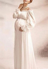 White Ruffle Draped Boat Neck Off Shoulder Maternity Flare Sleeve Elegant Maxi Dress