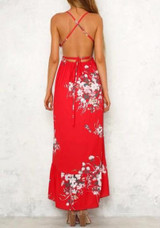 Red Irregular Draped Slit Spaghetti Strap Deep V-neck Bohemian Vegas Beach Maxi Dress