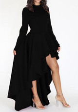 Black Ruffle Irregular Swallowtail High-Low Band Collar Party Maxi Dress