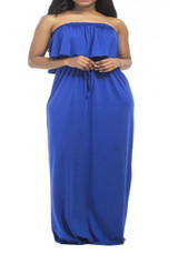 Sapphire Blue Bandeau Drawstring Ruffle Off Shoulder Plus Size Bohemian Maxi Dress