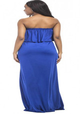Sapphire Blue Bandeau Drawstring Ruffle Off Shoulder Plus Size Bohemian Maxi Dress