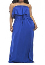 Sapphire Blue Bandeau Drawstring Ruffle Off Shoulder Plus Size Bohemian Maxi Dress