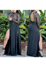 Black Patchwork Sequin Lace Hollow-out See-through Backless Side Slit Homecoming Maxi Dress