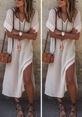 White Draped Slit Side V-neck Elbow Sleeve Casual Maxi Dress