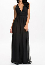 Black Patchwork Cross Back Plunging Neckline Maxi Dress Black Patchwork Cross Back Plunging Neckline Maxi Dress