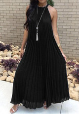 Black Pleated Tie Back Sleeveless Halter Neck A-line Bohemian Maxi Dress