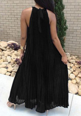 Black Pleated Tie Back Sleeveless Halter Neck A-line Bohemian Maxi Dress