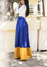 Navy Blue Patchwork Print Belt Turndown Collar Fashion Maxi Dress