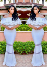 White Cascading Ruffle Boat Neck Off Shoulder Party Elegant Maxi Dress