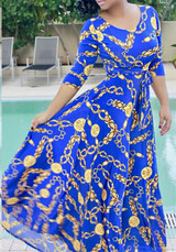 Casual Blue Chain Print Sashes Draped A-line Half Sleeve Bohemian Maxi Dress