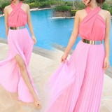 Casual Pink Plain Irregular Draped Round Neck Sleeveless Maxi Dress