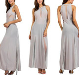 Casual Grey Patchwork Grenadine See-through Round Neck Sleeveless Maxi Dress