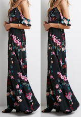 Casual Black Flowers Print Draped V-neck Open Back Off-Shoulder Maxi Dress