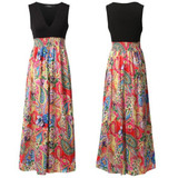 Casual Red Patchwork Flowers Print Draped Deep V-neck Sleeveless Bohemian Maxi Dress