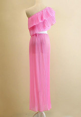 Casual Pink Patchwork Side Silt Asymmetric Shoulder Ruffle Maxi Dress