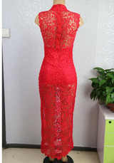 Casual Red Patchwork Lace Hollow-out Zipper High Neck Maxi Dress