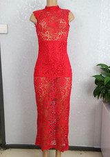 Casual Red Patchwork Lace Hollow-out Zipper High Neck Maxi Dress